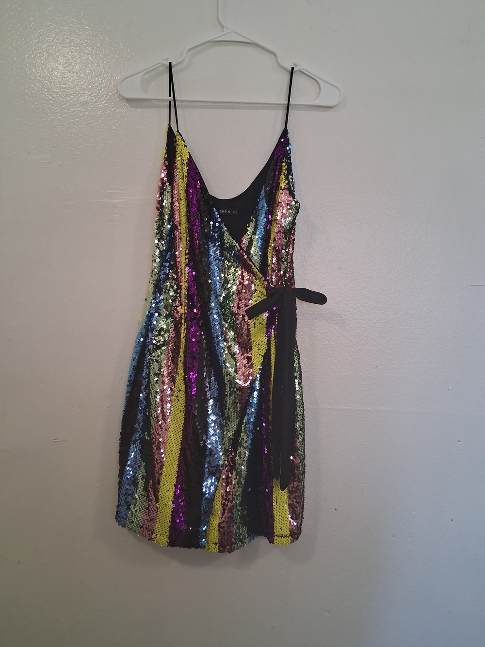 SHEIN Black Multicolor Sequin Wrap-Style Party Dress Size S